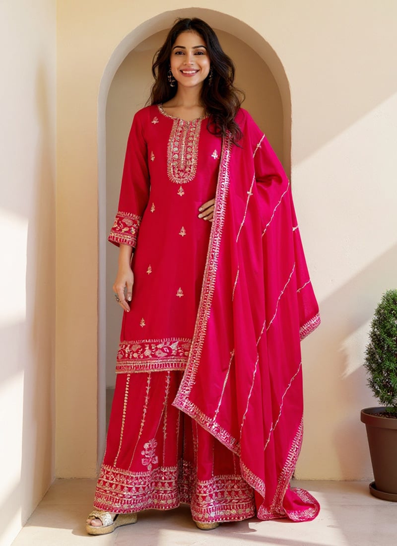 Pink Chinon Silk Palazzo Suit With Embroidery Zari And Sequins Festive Wear
