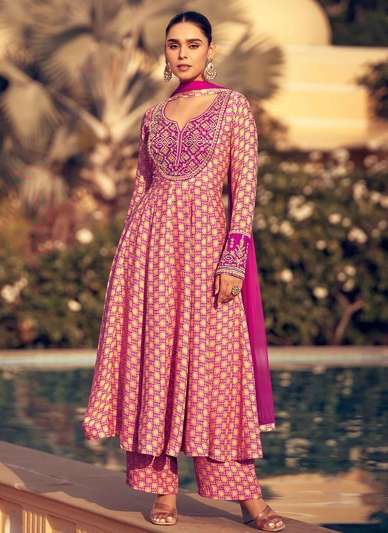 Pink Chinon Silk Printed Embroidered Sequins Palazzo Suit Festive Wear