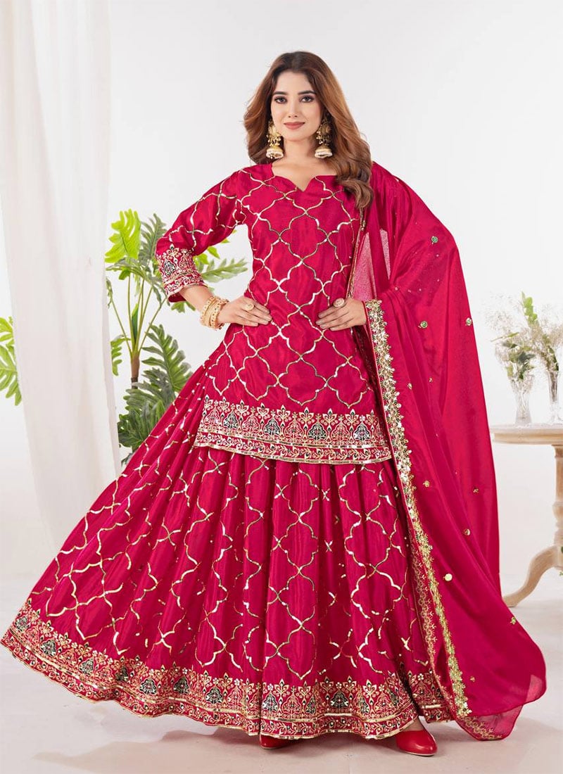Pink Chinon Silk Sequins Embroidered Palazzo Suit Festive Wear