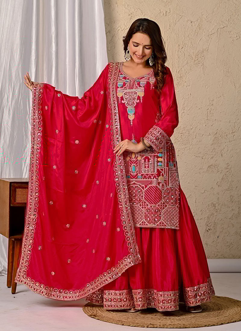 Pink Chinon Silk Sequins Embroidered Sharara Suit Festive Wear