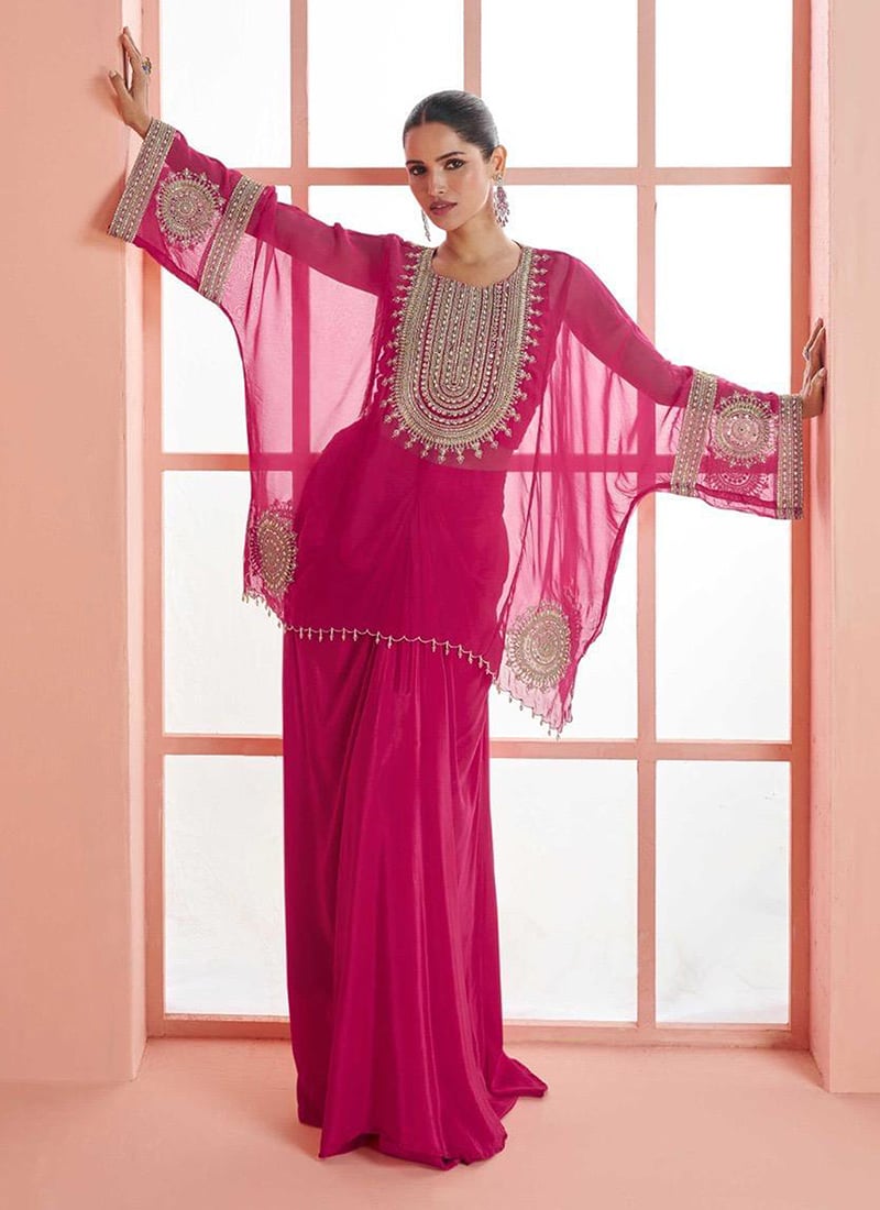 Pink Chinon Silk Sequins Embroidered Zari Beads Indowestern Set and Suit Festive Wear