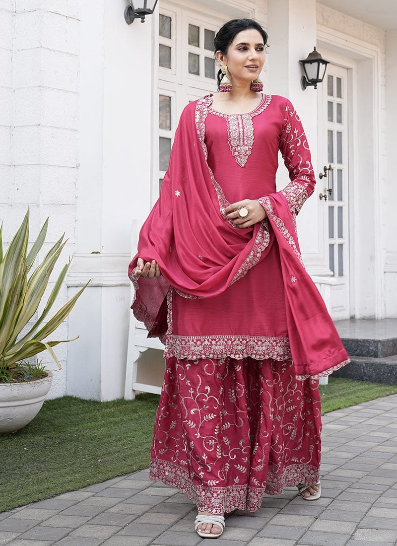 Pink Chinon Silk Sequins Palazzo Suit Festive Wear