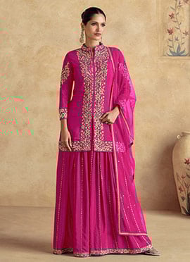 Pink Chinon Silk Stones Embroidered Sequins Classy Palazzo Suit
