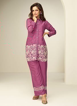 Pink Chinon Silk Thread Embroidery And Schiffli Work Co ord Sets