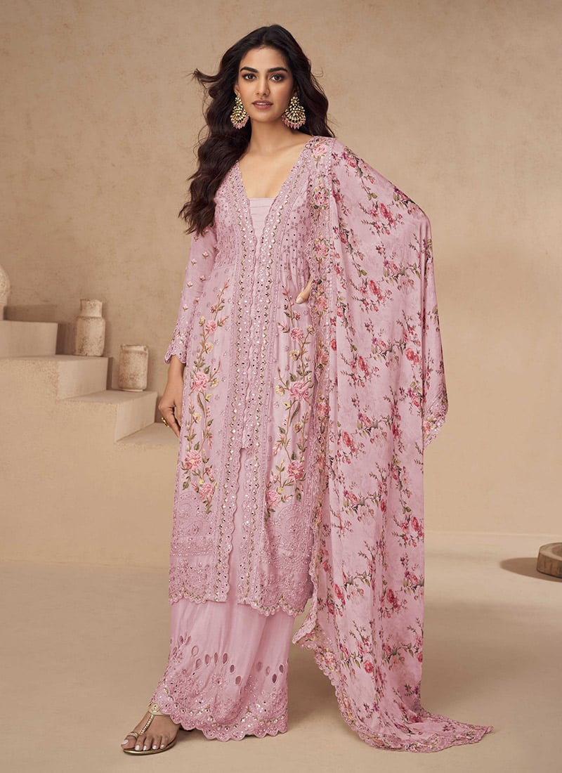 Pink Chinon Silk Thread Embroidered Sequins With Mirror Work Palazzo Suit