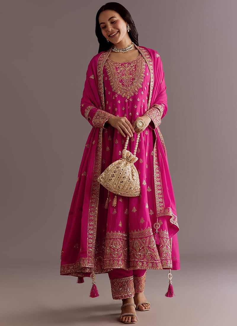 Pink Chinon Silk Thread Sequins Anarkali Suit Festive Wear