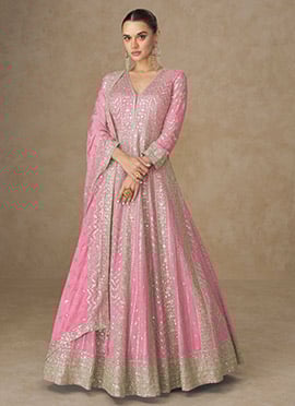 Pink Chinon Silk Zari And Embroidered Sequins A Line Anarkali Suit
