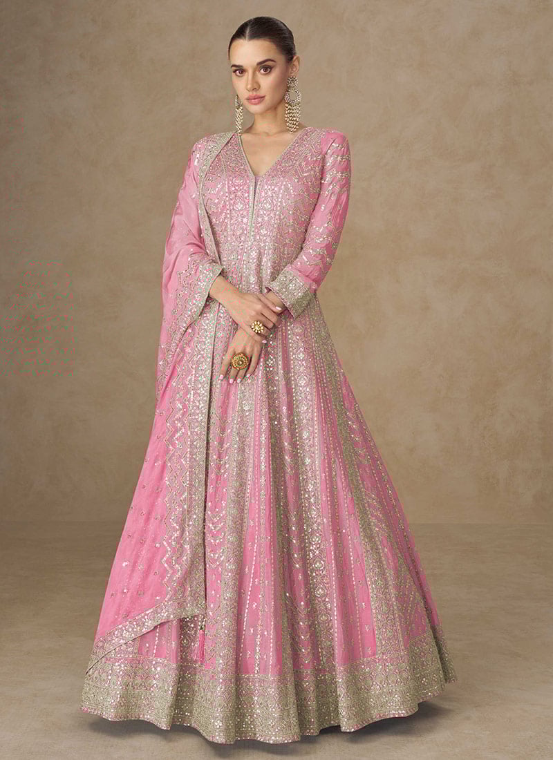 Pink Chinon Silk Zari And Embroidered Sequins A Line Anarkali Suit Festive Wear