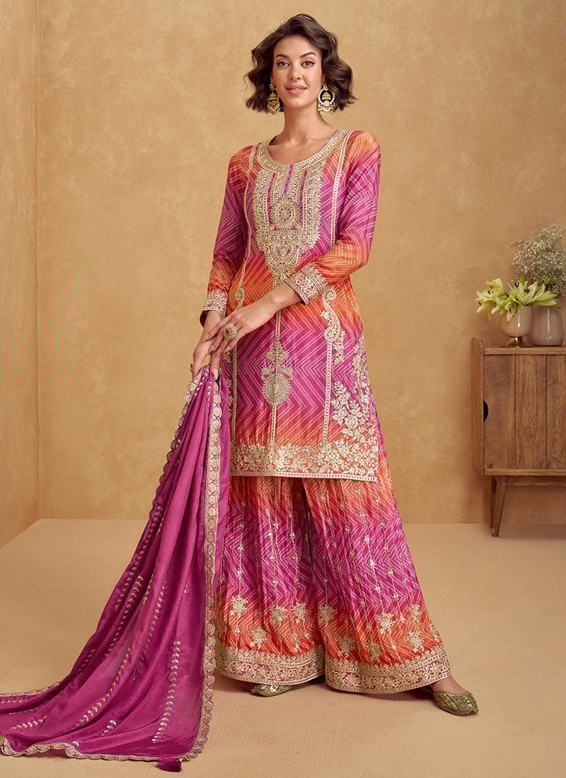 Pink Chinon Silk Zari Embroidered And Bandhini Palazzo Suit Festive Wear