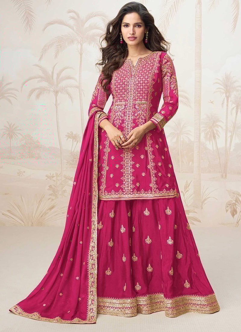Pink Chinon Silk Zari Embroidered Palazzo Suit