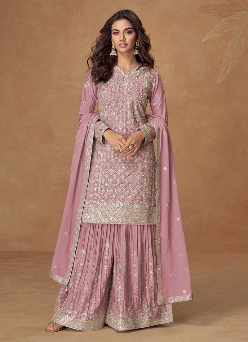 Pink Chinon Silk Zari Embroidered Palazzo Suit Festive Wear