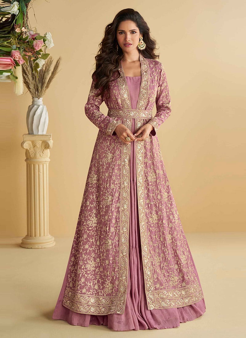 Pink Chinon Silk Zari Embroidered Sequins Anarkali Gown With Jacket Festive Wear