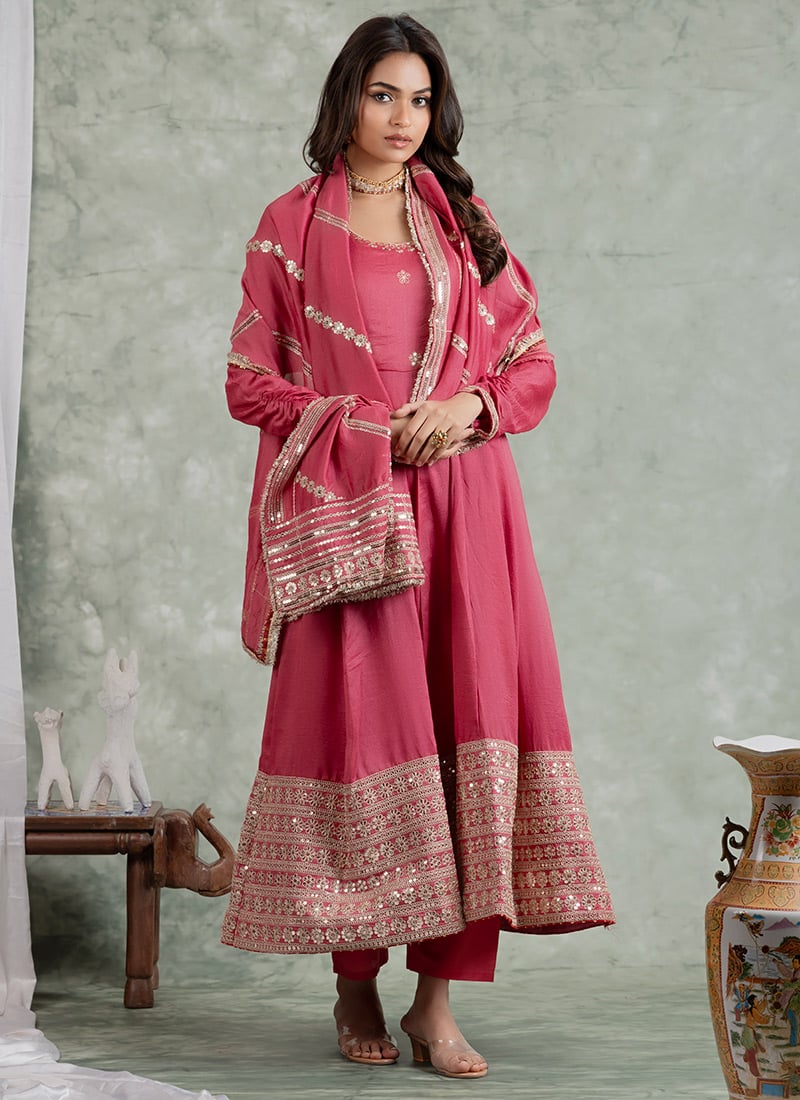 Pink Chinon Silk Zari Embroidered Sequins Anarkali Suit Festive Wear