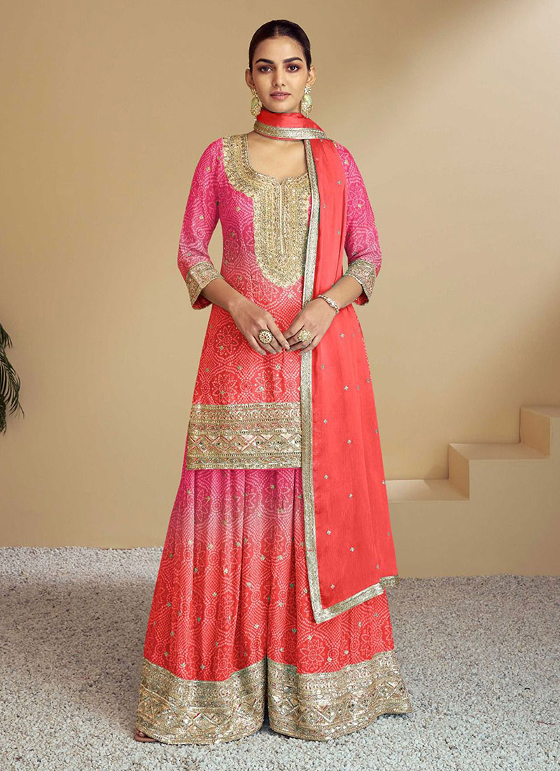 Pink Chinon Silk Zari Embroidered Sequins Bandhini Print Palazzo Suit Festive Wear