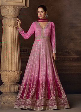 Pink Chinon Silk Zari Embroidered Sequins Gota Work A Line Anarkali Suit
