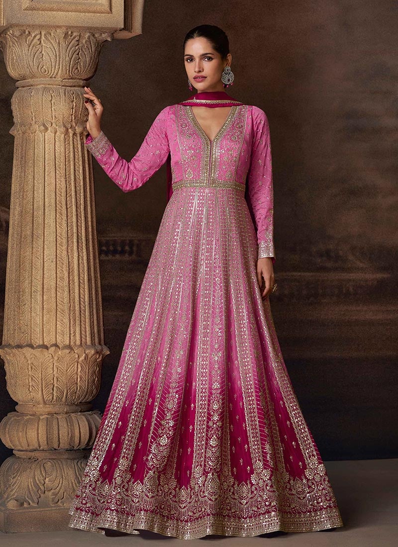 Pink Chinon Silk Zari Embroidered Sequins Gota Work A Line Anarkali Suit Wedding Wear-SLSCC56645786