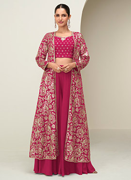 Pink Chinon Silk Zari Embroidered Sequins Indowestern Jacket Palazzo Set