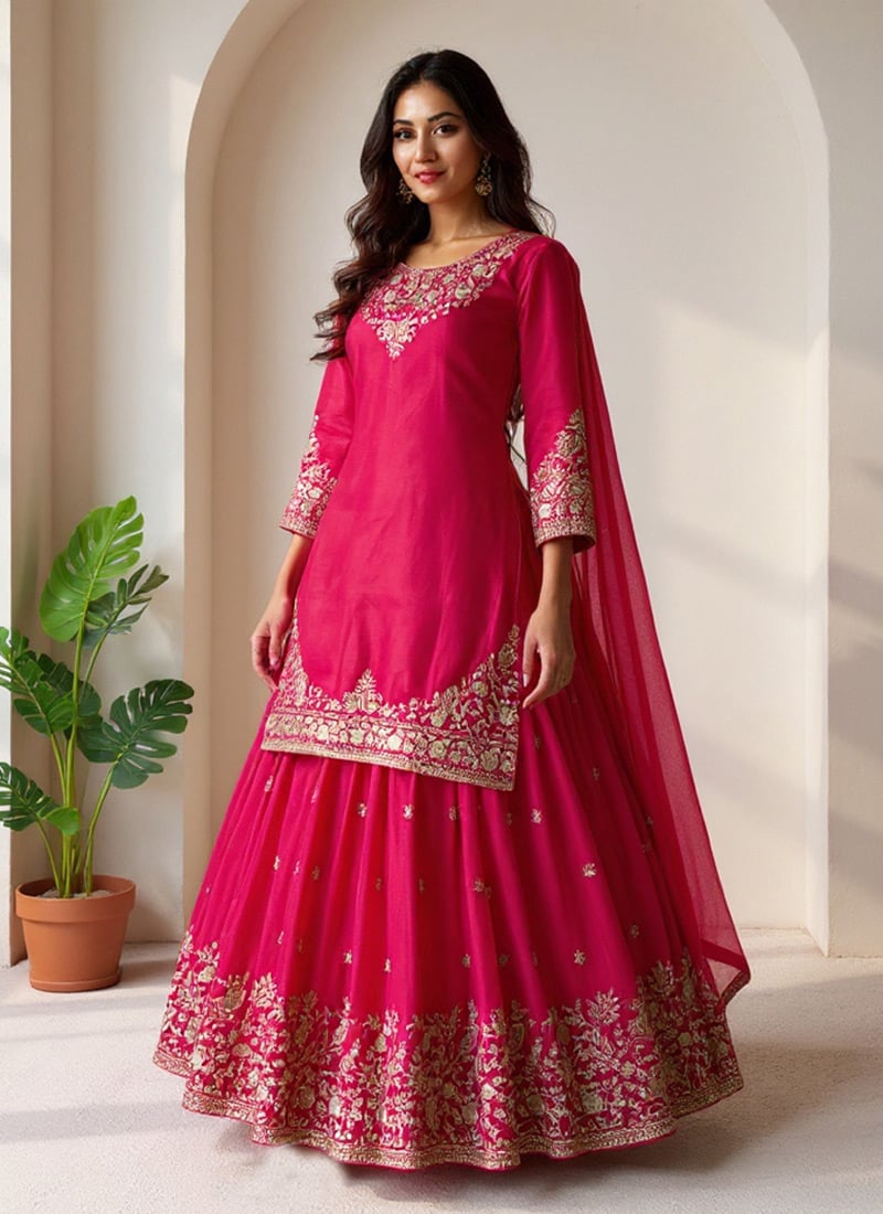Pink Chinon Silk Zari Embroidered Sequins Long Choli Lehenga