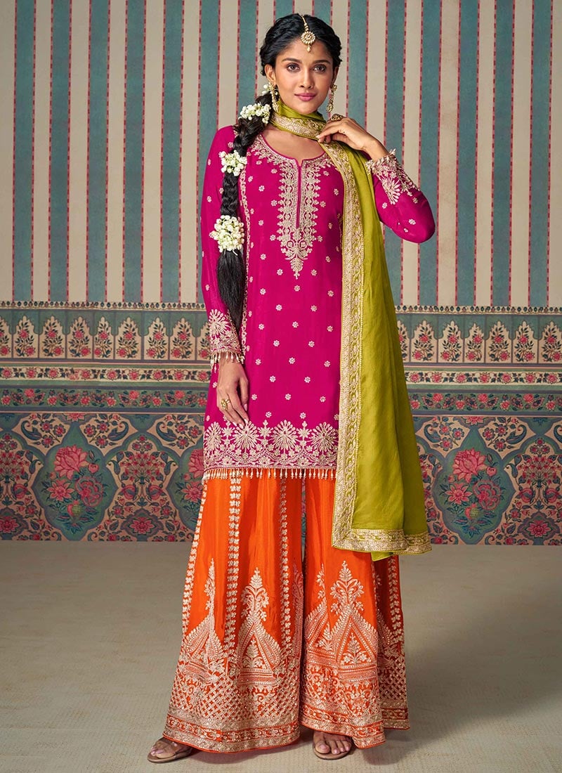 Pink Chinon Silk Zari Embroidered Sequins Pakistani Stunning Palazzo Suit Festive Wear