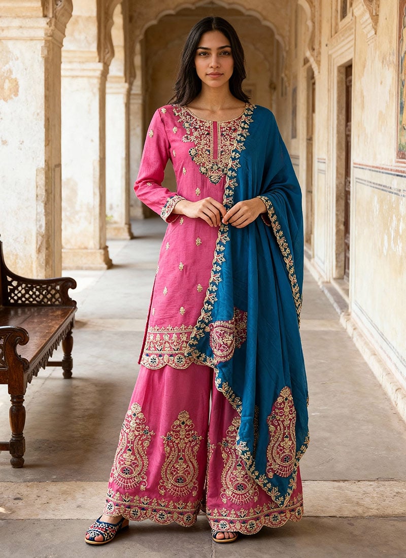 Pink Chinon Silk Zari Embroidered Sequins Palazzo Suit Festive Wear
