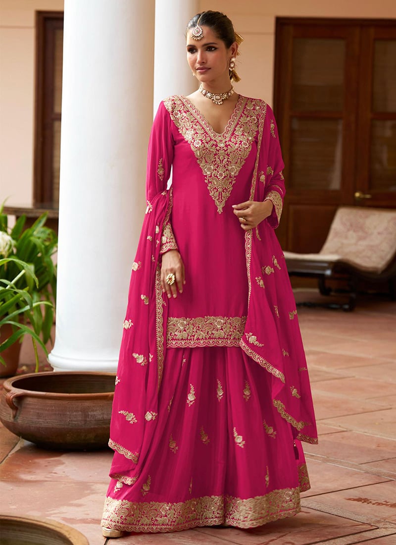 Pink Chinon Silk Zari Embroidered Sequins Thread Palazzo Suit Festive Wear