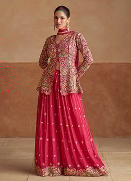 Pink Chinon Silk Zari Embroidered Sequins With Stone Work High Slit Palazzo Suit