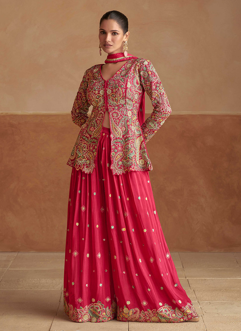 Pink Chinon Silk Zari Embroidered Sequins With Stone Work High Slit Palazzo Suit Wedding Wear