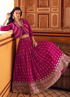Pink Chinon Silk Zari Sequins Indowestern Stylish Jacket Lehenga