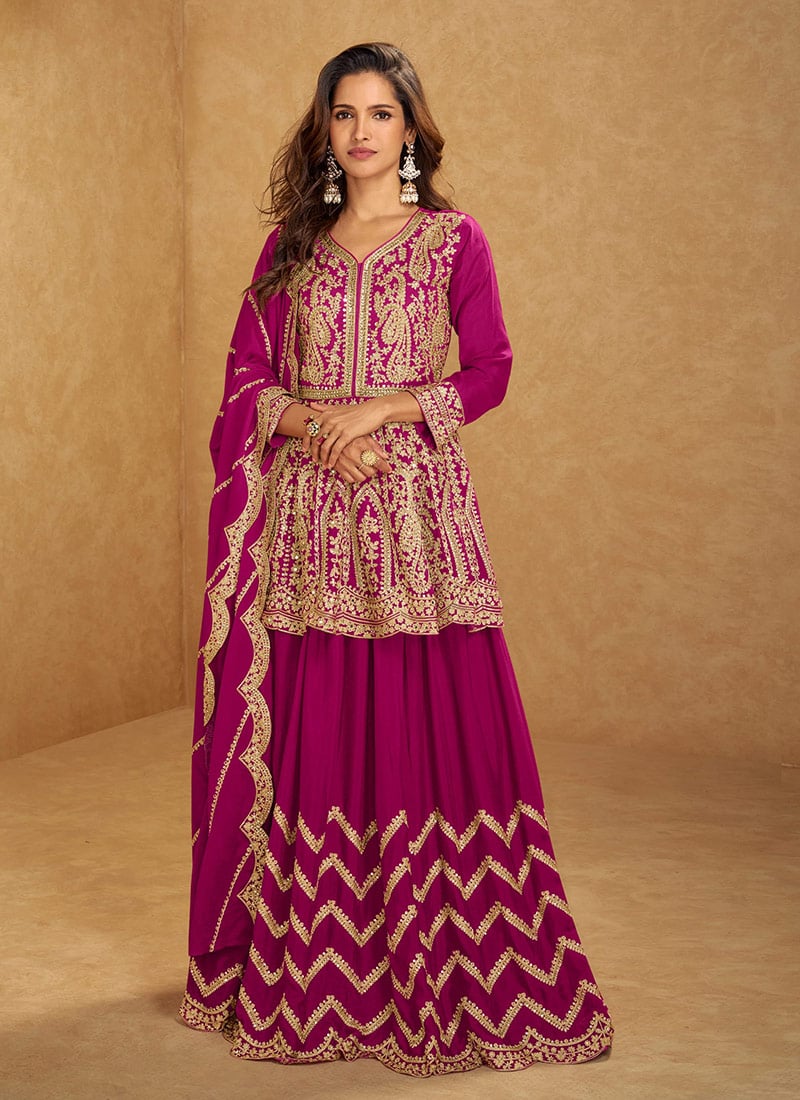 Pink Chinon Silk Zari Sequins Mirror Work Peplum Blouse With Long Choli Lehenga Wedding Wear
