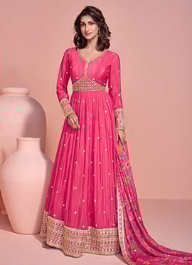 Pink Chinon Silk Zari Sequins With Beads Work Anarkali Suit With Printed Dupatta