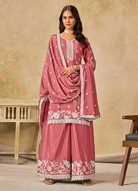 Pink Chinon Thread Embroidered Palazzo Suit