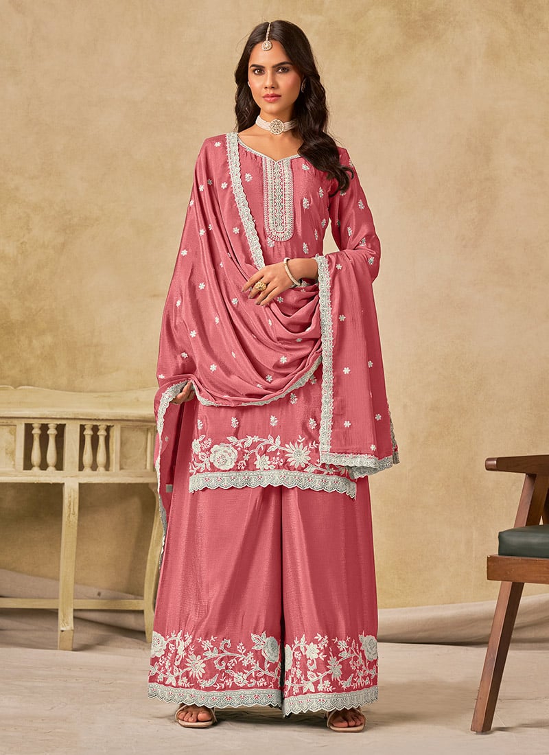 Pink Chinon Thread Embroidered Palazzo Suit Festive Wear