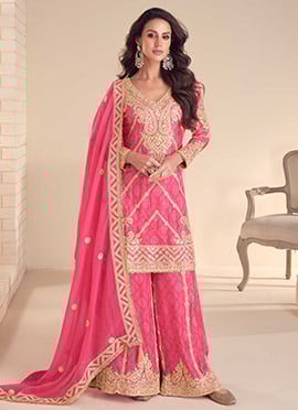 Pink Chinon Zari Embroidered And Bandhini Print Pakistani Palazzo Suit Festive Wear