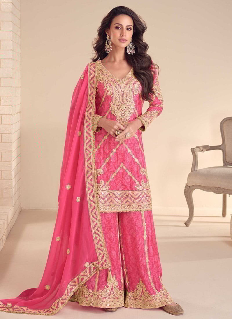 Pink Chinon Zari Embroidered And Bandhini Print Pakistani Palazzo Suit Festive Wear