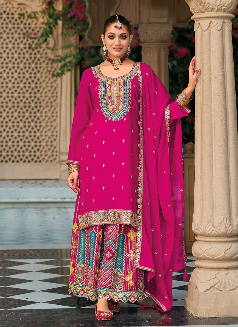 Pink Chinon Zari Embroidered Sequins Classy Palazzo Suit Festive Wear