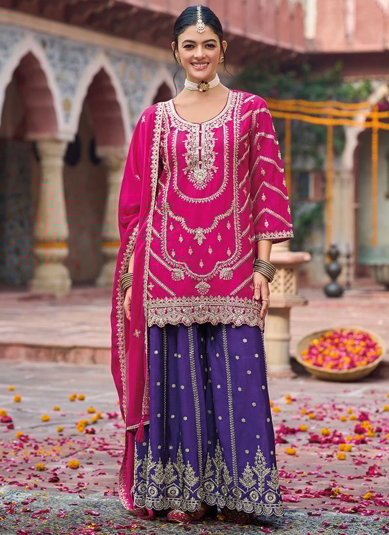 Pink Chinon Zari Embroidered Sequins Gorgeous Pakistani Palazzo Suit Festive Wear