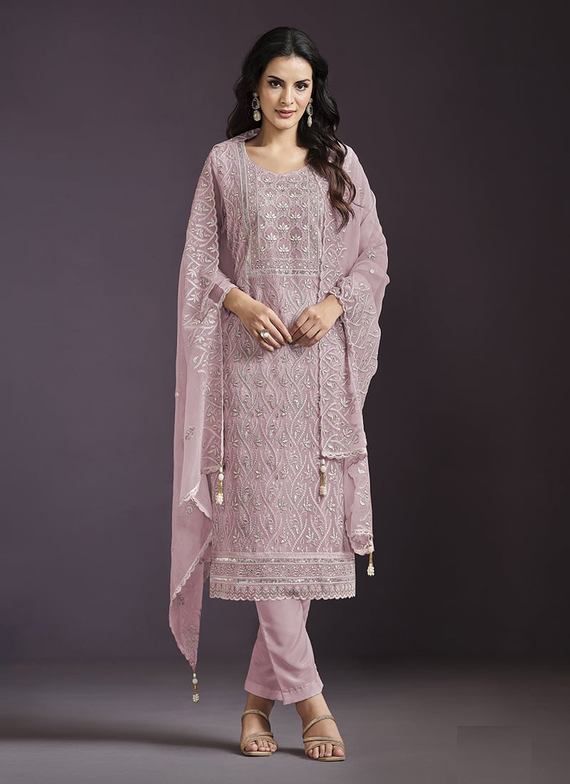 Pink Chinon Zari Embroidered Sequins Pakistani Straight Pant Suit Festive Wear