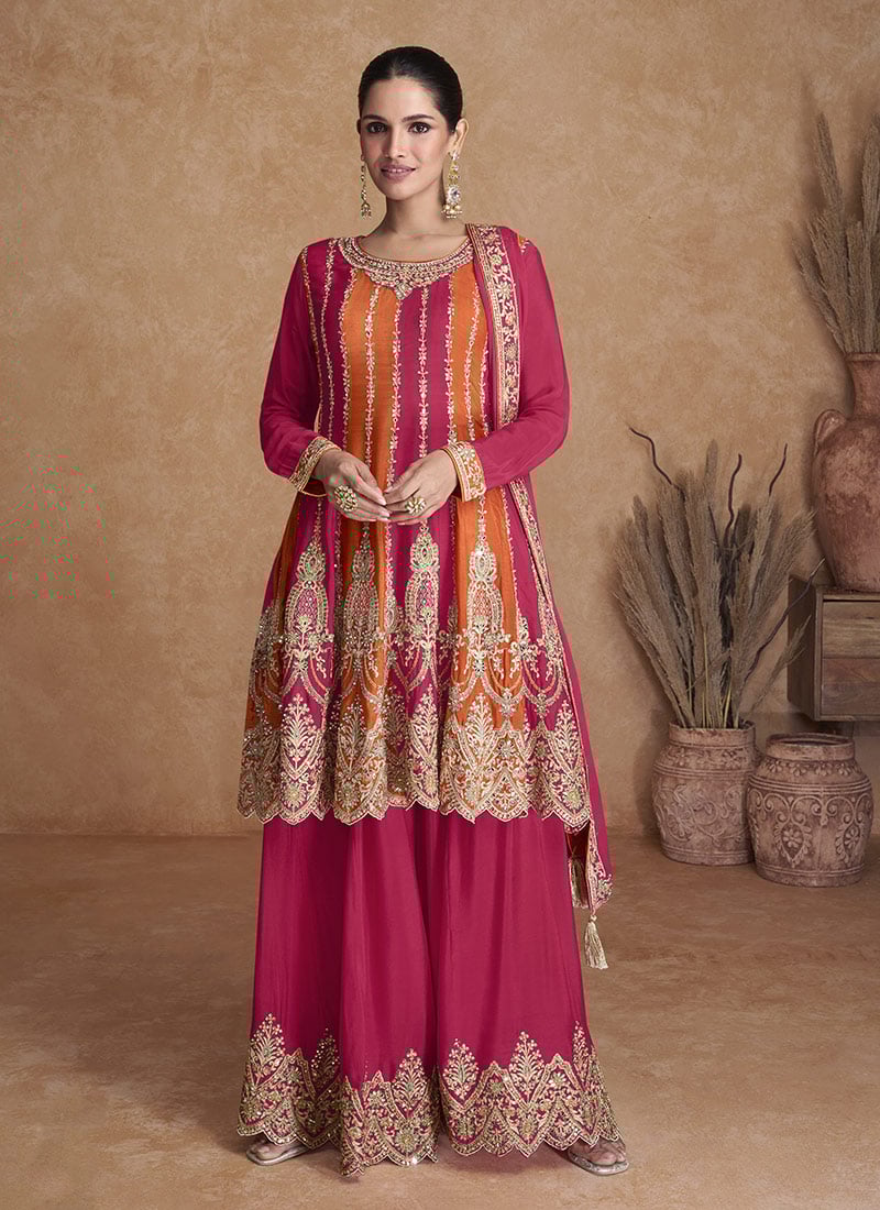 Pink Chinon Zari Embroidered Sequins Palazzo Suit Festive Wear