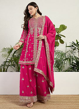 Pink Chinon Zari Embroidered Sequins Palazzo Suit