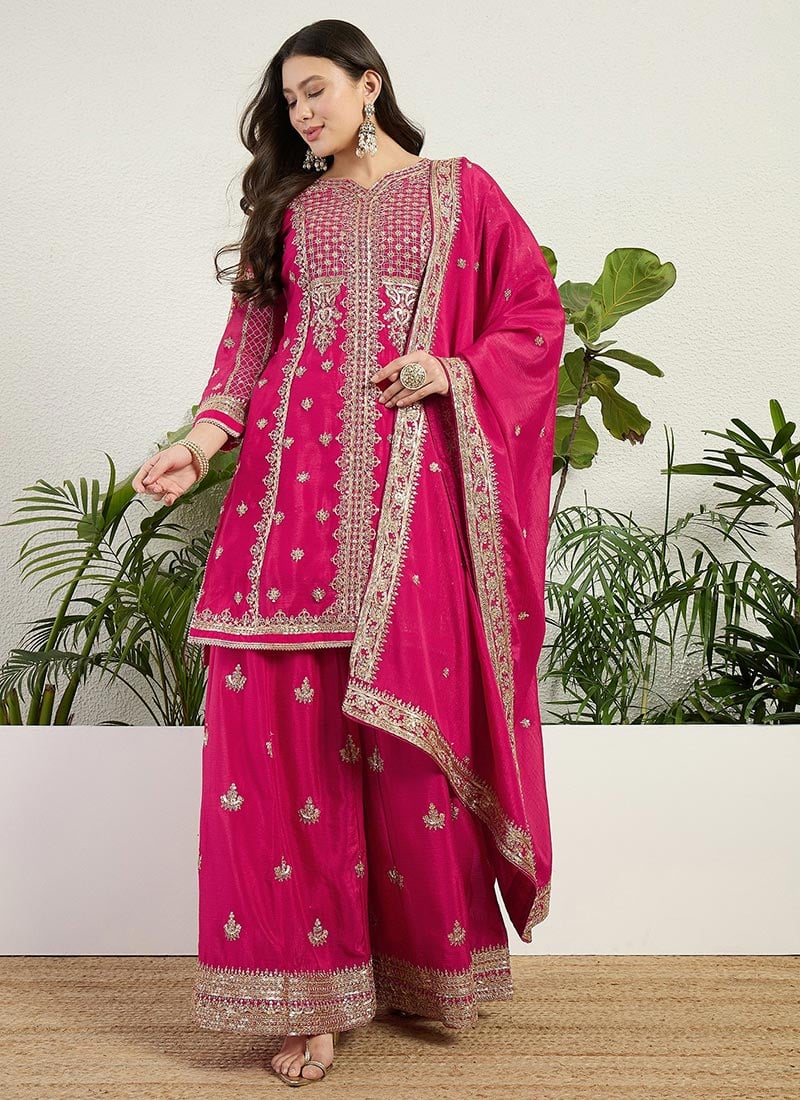 Pink Chinon Zari Embroidered Sequins Palazzo Suit Festive Wear