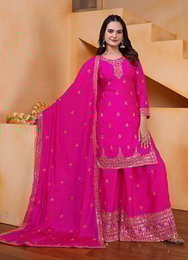 Pink Chinon Zari Embroidered Sequins Palazzo Suit