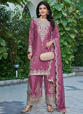 Pink Chinon Zari Embroidered Sequins Palazzo Suit