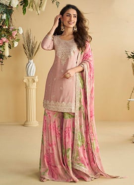 Pink Chinon Zari Embroidered Sequins Printed Sharara Suit Festive Wear