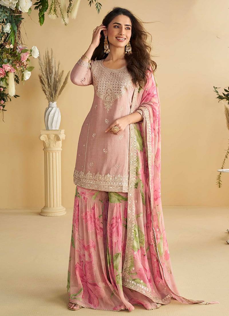 Pink Chinon Zari Embroidered Sequins Printed Sharara Suit