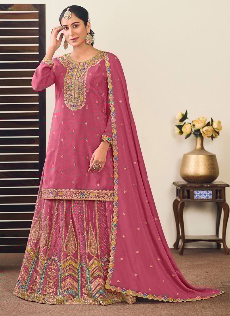 Pink Chinon Zari Embroidered Sequins Stunning Long Choli Lehenga  Wedding Wear