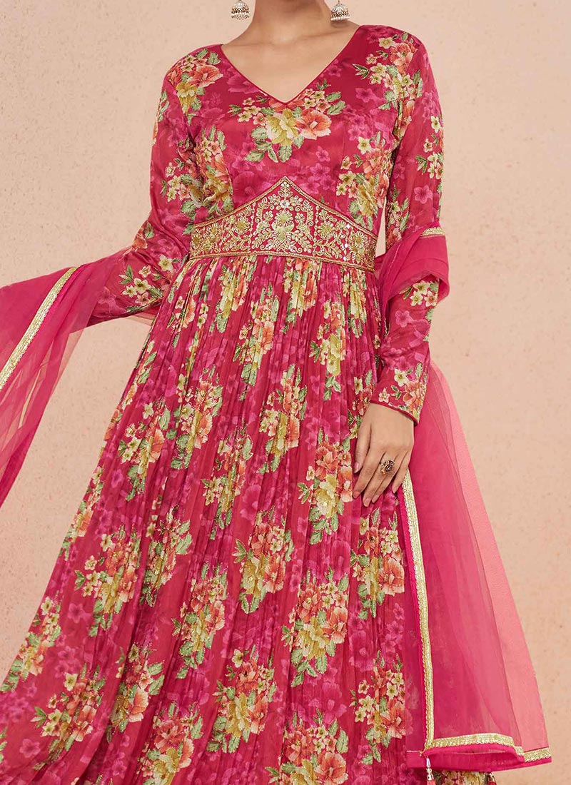 Peacock Chinon Floral Print Girlish Anarkali Suit With Beautiful hand embroidery work on Neck