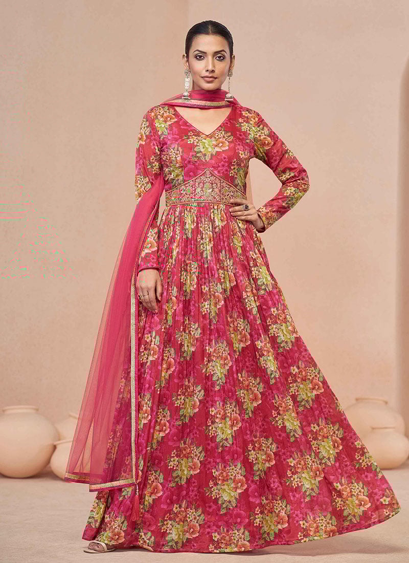 Pink Chinon Zari Sequins Beads Printed Anarkali Suit Festive Wear