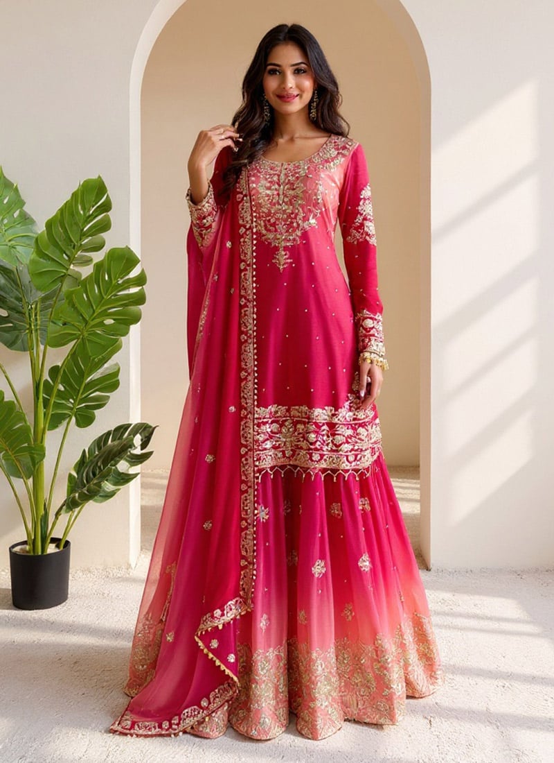 Pink Chinon Zari Sequins Moti Sharara Suit  Festive Wear