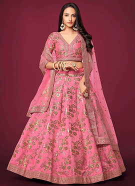 Pink Art silk Embroidered Umbrella Lehenga