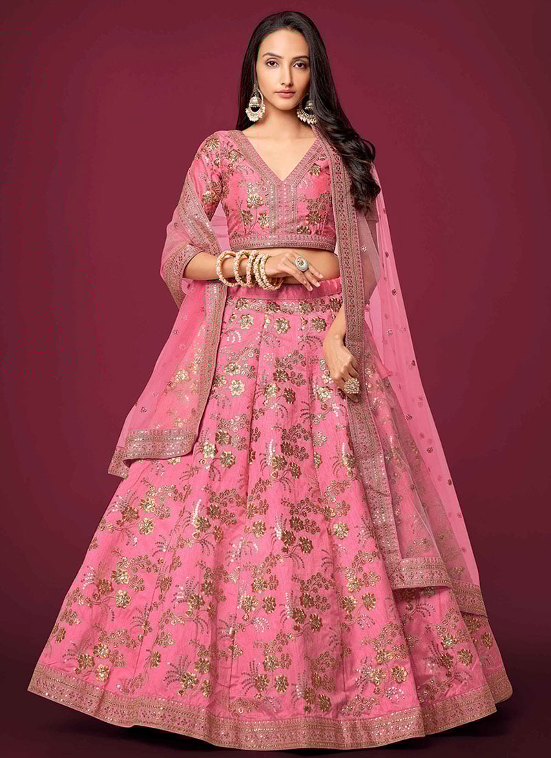 Pink Art silk Embroidered Umbrella Lehenga Party Wear